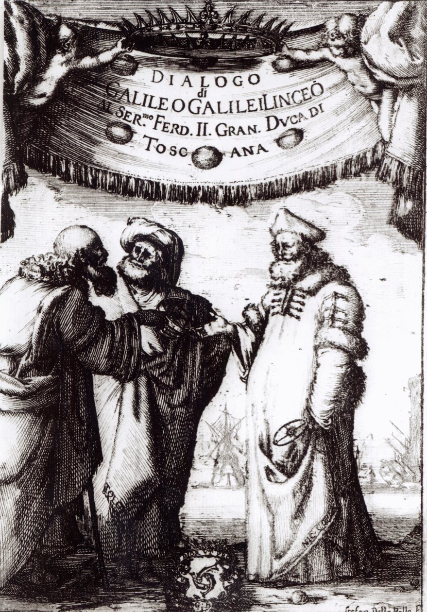 Frontispiece to Dialogo sopra i due massimi sistemi del mondo by Galileo, published in 1632 by Italian School
