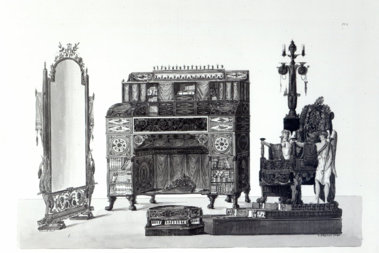 Furniture in the Grecian Style from Architectural Decorations by Gaetano Landi, engraved by G. D