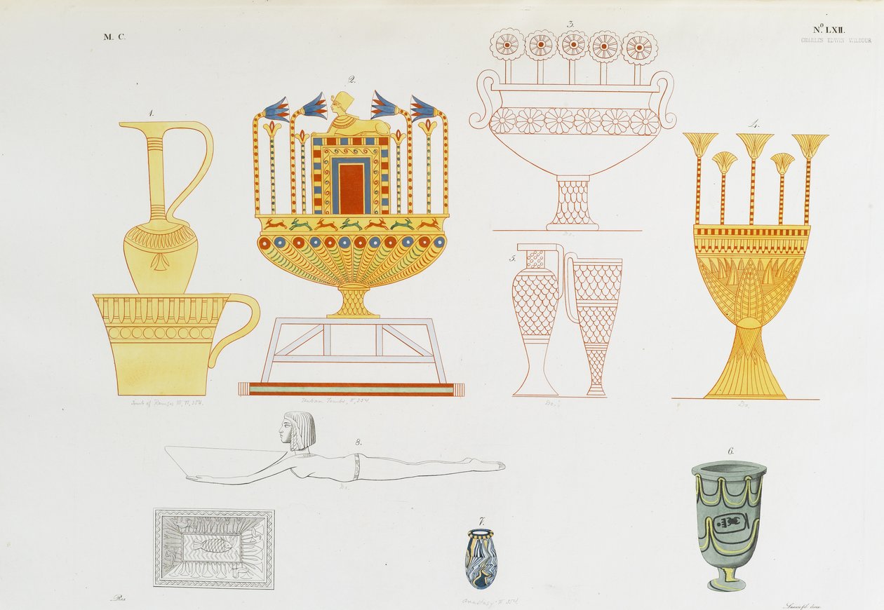 Gold vessels and glass jars from Theban tomb by Italian School
