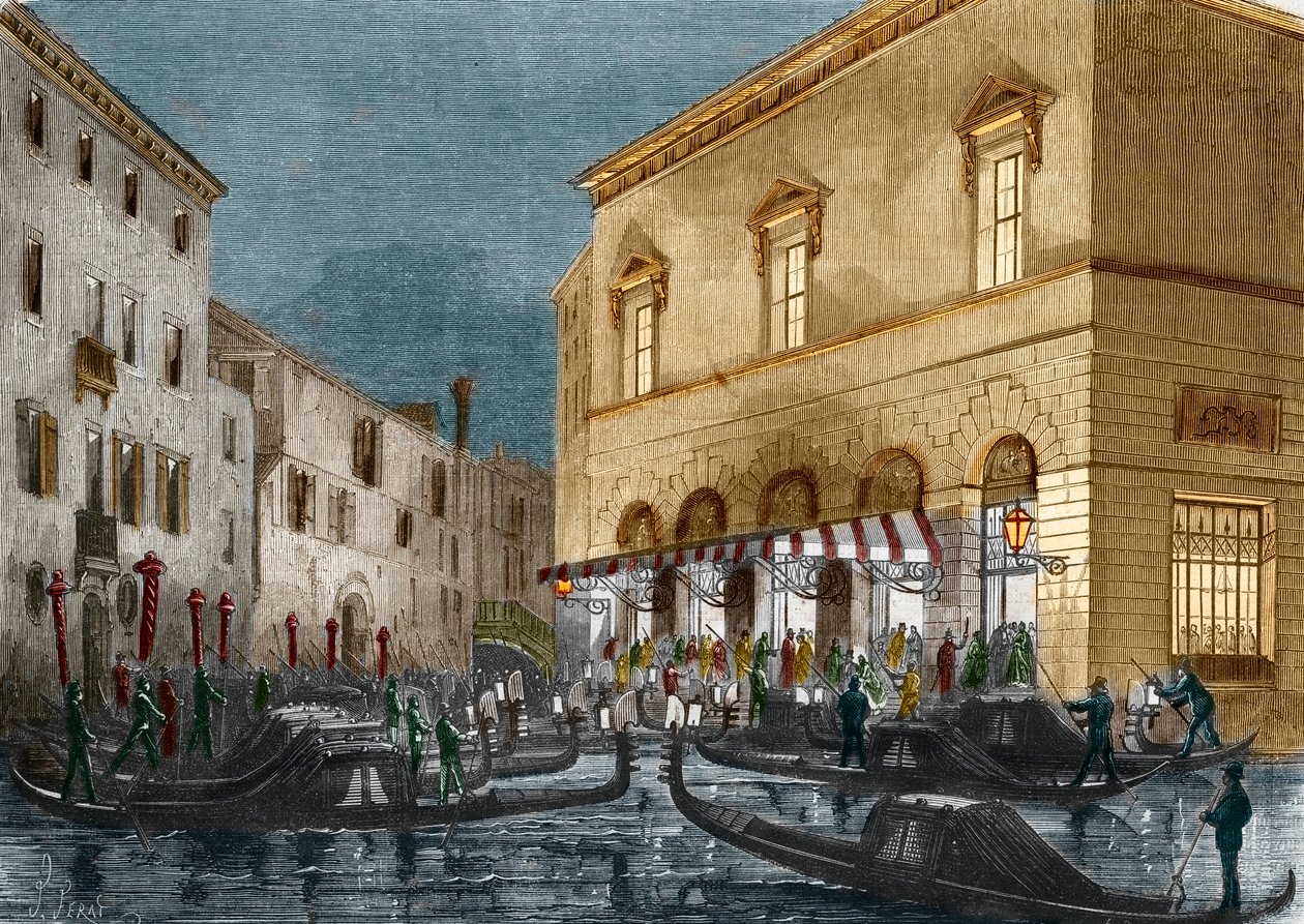 Gondoliers waiting for spectators outside the Teatro La Fenice, Venice, Italy, from Le Monde Illustre No. 564, 1868 by Italian School