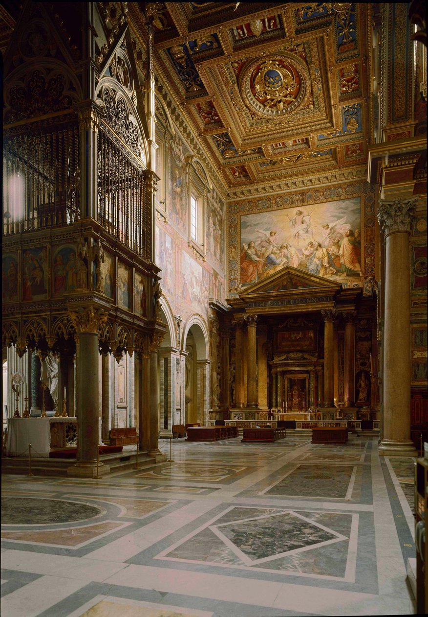 Gothic art: view of the papal altar above the Tabernacle made by Giovanni di Stefano around 1367 adorns twelve panels decorated with frescoes by Barna da Siena. 1367-1368. Basilica of St. John of Laterano by Italian School
