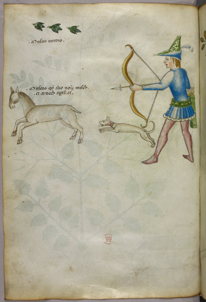 Illustration of a man with a bow shooting at an animal, with a dog, and birds above, c.1440 by Italian School