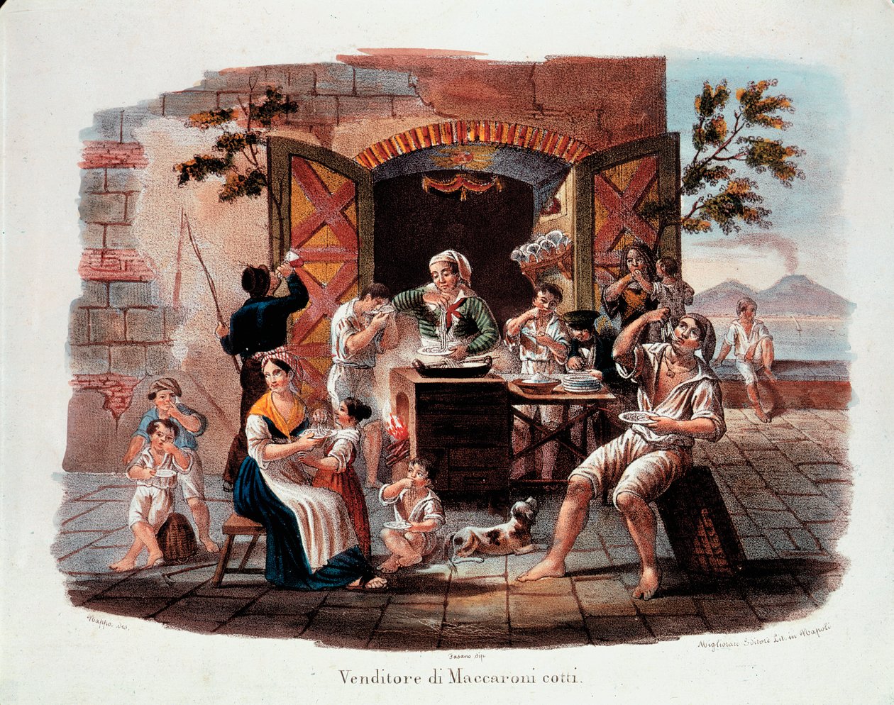 Little Neapolitan metier: a salesman of cooked maccheroni. In the distance the Vesuvius on the bay of Naples. Lithograph of the 19th century. Museo Nazionale delle Paste Alimentari, Fondazione Agnesi, Rome by Italian School