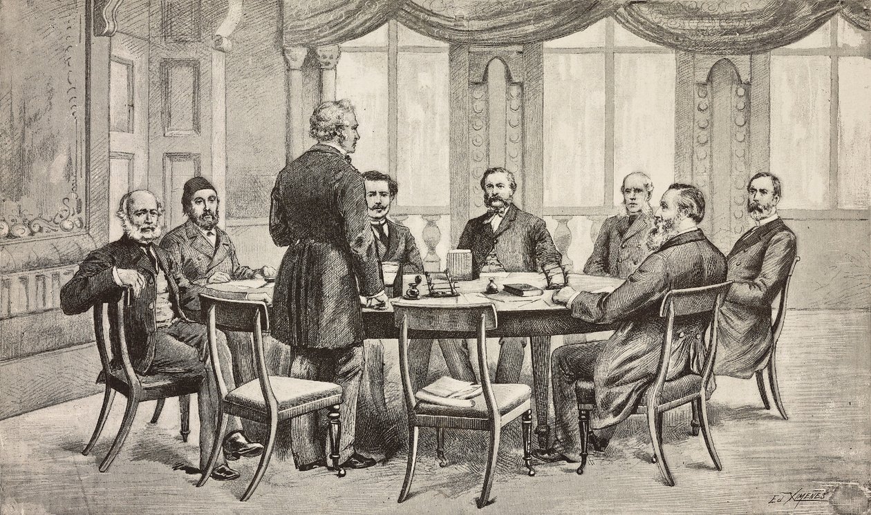 London conference on Egypt, United Kingdom: Count Munster, Musurus Pasha, Granville (standing), Count Nigra, Waddington, De Staal, Childers, Count Karolyi by Italian School
