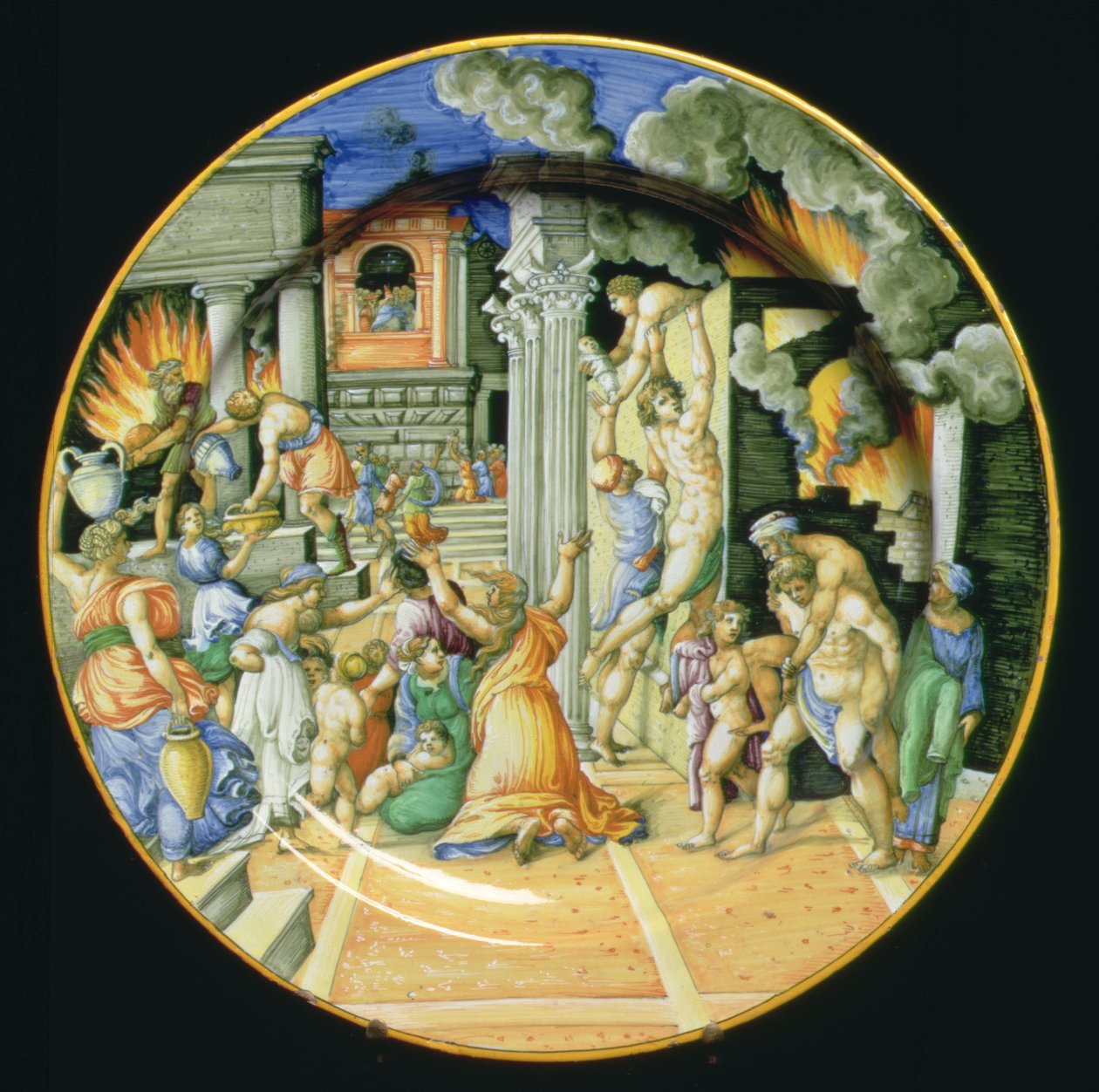 Maiolica plate depicting the burning of Troy with Aeneas carrying his father Anchises on his back with his son Ascanius at his side, Italian by Italian School