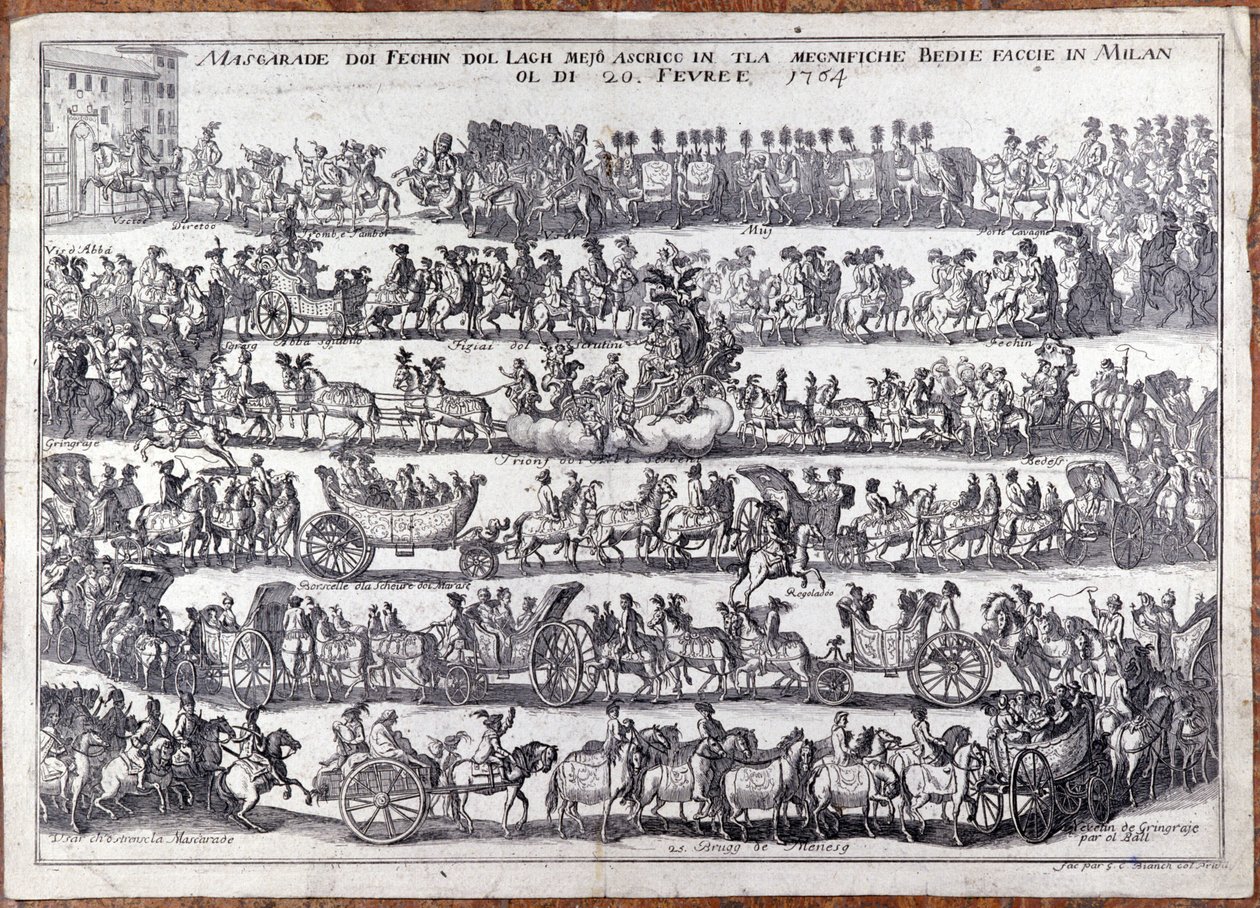 Masquerade: Procession and Dance of People in Masks on the Occasion of Carnival. Milan 20/02/1764. 18th Century Engraving by Italian School