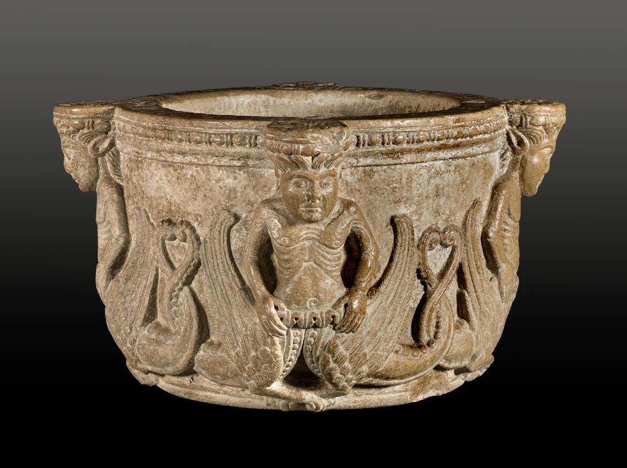 Medieval Stouch with Mermaids Figures in Carved Stone, Early 12th century by Italian School
