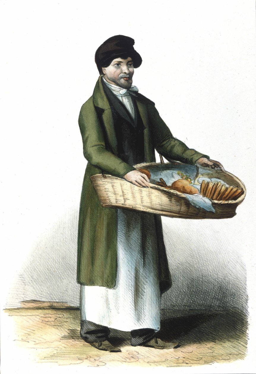 Milanese Metier: a seller of biscuits and cakes. 1830 Locarno engraving by Italian School