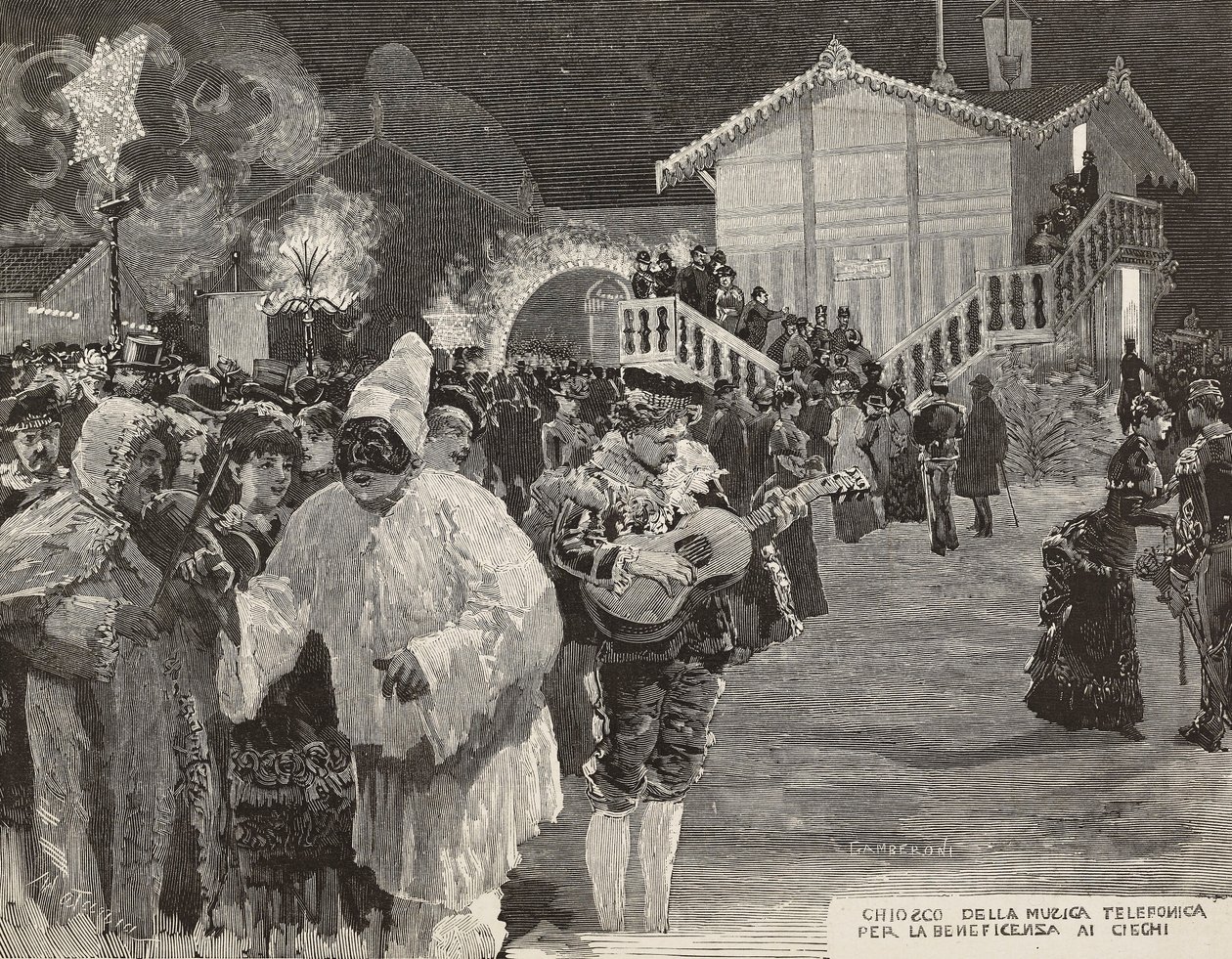 Music kiosk to raise money for blind, Pulcinella mask, Carnival in Naples, Italy, engraving by Gamberoni from L