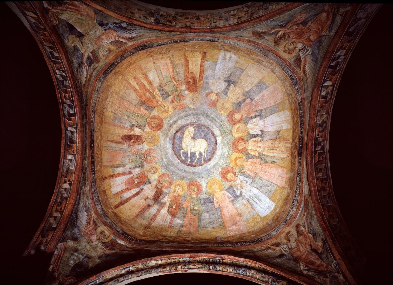 Mystic lamb surrounded by saints and angels (Fresco) by Italian School