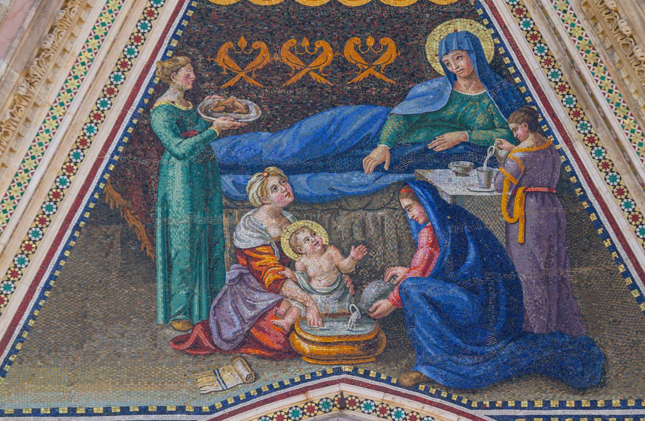 Nativity of Mary, mosaic, gable of side entrance, facade of Orvieto cathedral, Umbria, Italy by Italian School