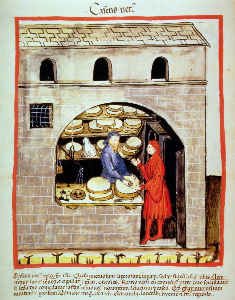 Selling mature cheese, from Tacuinum Sanitatis by Italian School