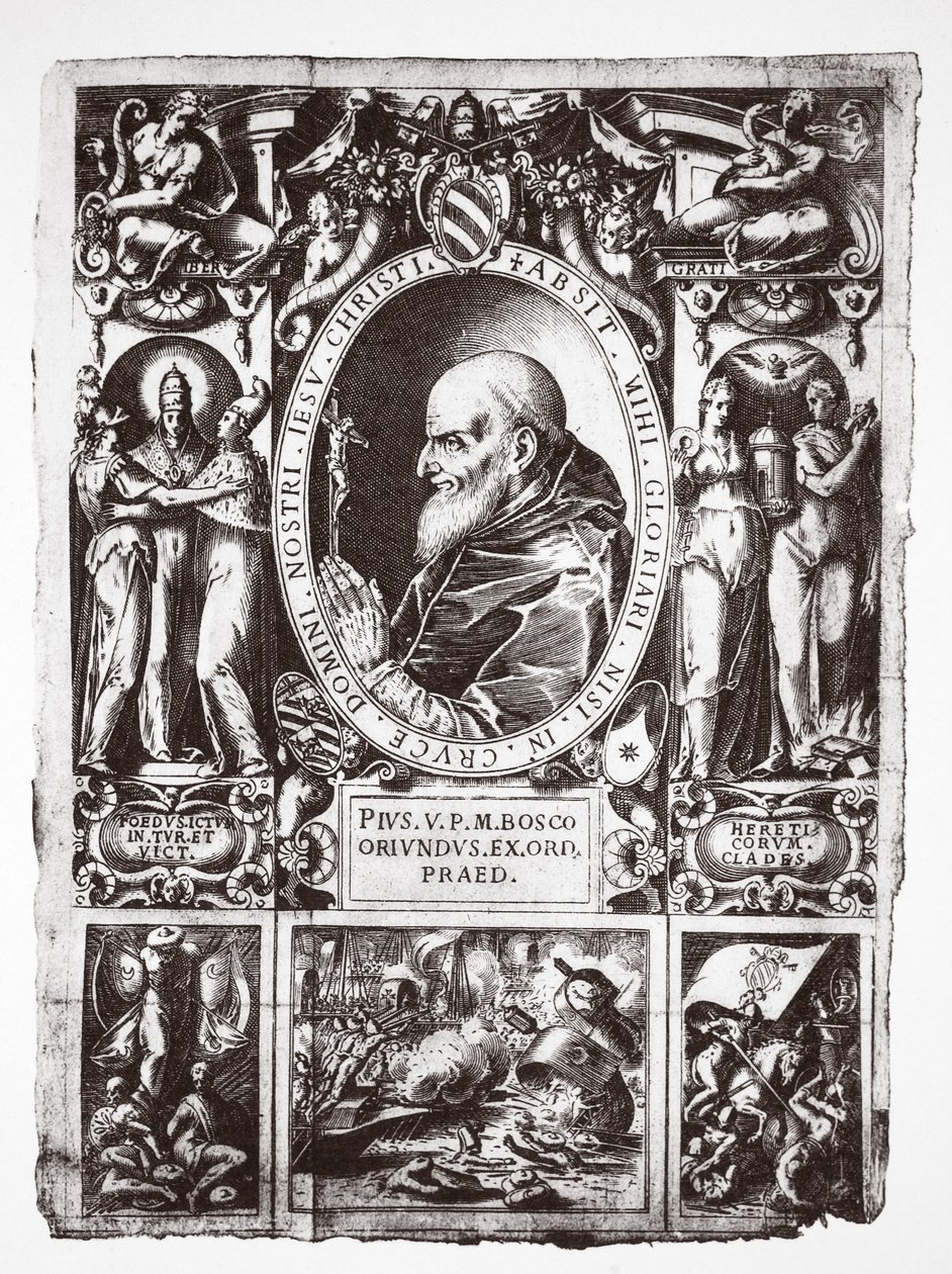 Pope Pius V, with vignettes of the Battle of Lepanto, from Vita del Gloriosissimo Papa Pio Quinto, pub. 1586 by Italian School