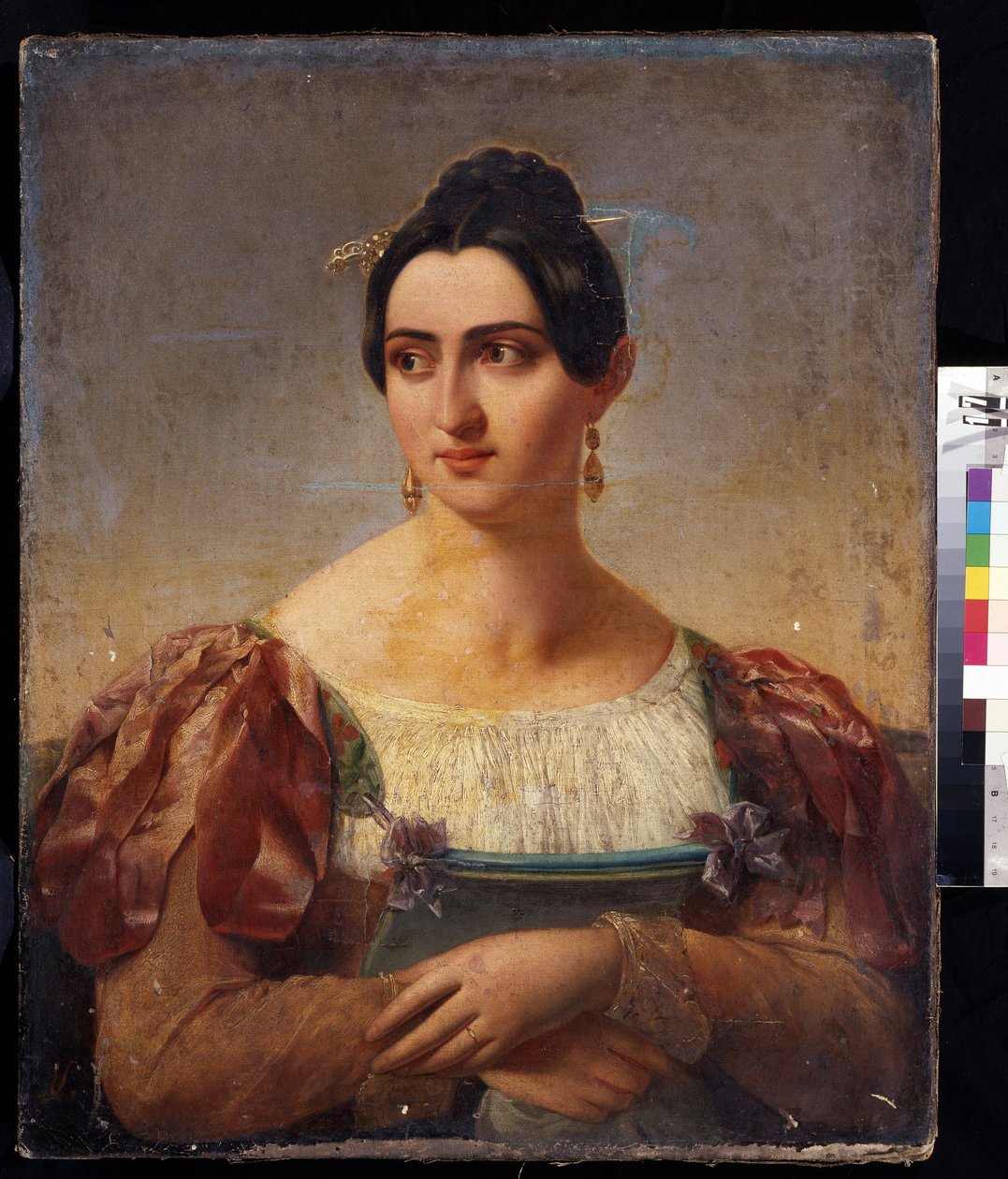 Portrait of a Woman. Young woman of Italian nobility, dressed in a gown with ribbons on the shoulders. by Italian School