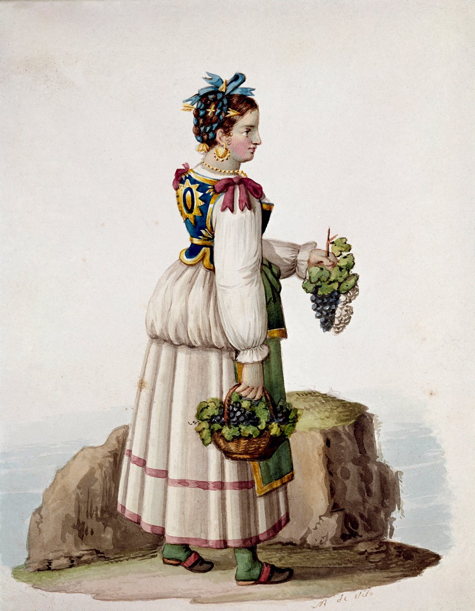 Portrait of Young Woman from Capri, in Traditional Dress, Holding Grapes by Italian School