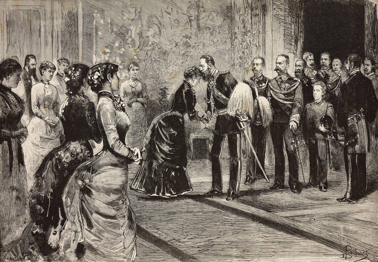 Queen Margherita and Umberto I receiving crown prince of Germany (future Frederick III) at Quirinale, Rome, Italy, engraving from drawing by Dante Paolocci, from L