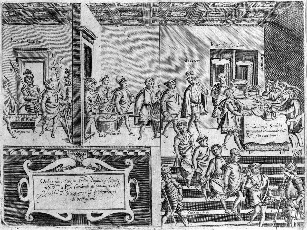 Service of the cardinals during a conclave. Engraving from 