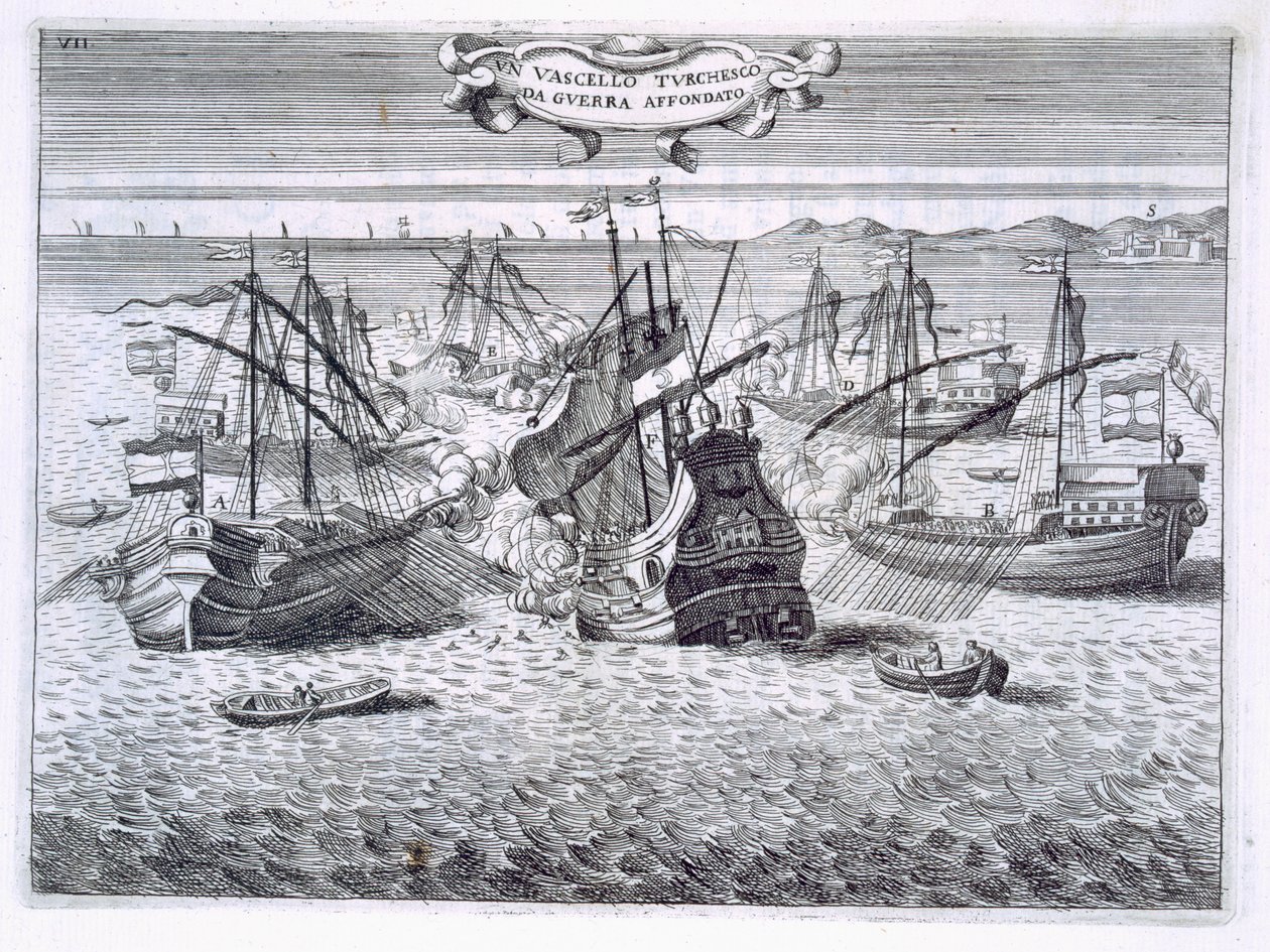 Sinking a Turkish warship (engraved by H. Vincent, 1701) by Italian School