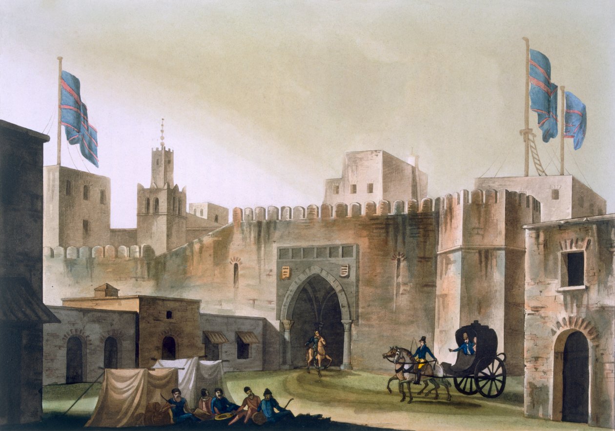 The Beb Kar, gate into Tunis, with Europeans in horse-drawn gig by Italian School