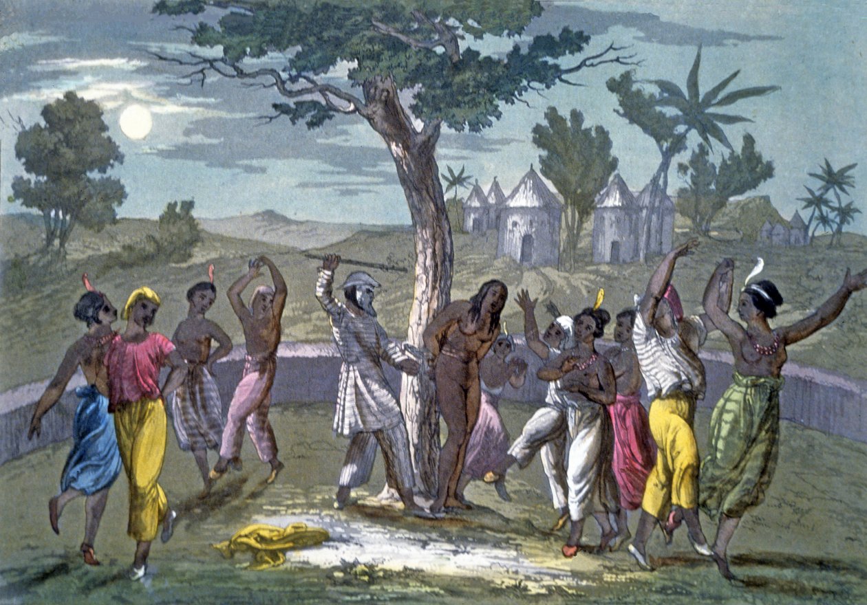 The Dance of the Mombo-Jombo, according to the travels of Mungo Park, from A History of Costume by J. Ferrario, published c.1820 by Italian School