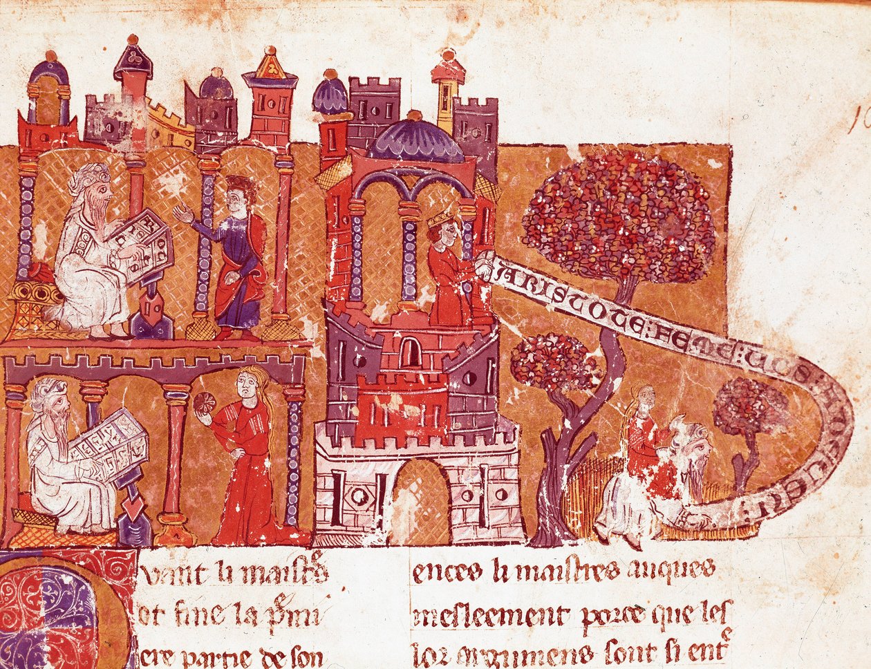 The Greek philosopher Aristotle (383-322 BC) teaches his students morality and contempt for women (misogyny). Miniature from an Italian manuscript of the 14th century by Italian School