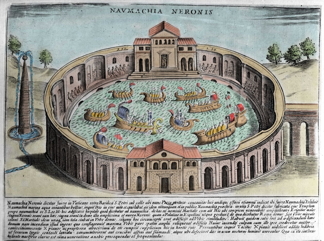 The Naumachia of Neron, representation of a naval battle in Rome. Engraving (17th century). by Italian School