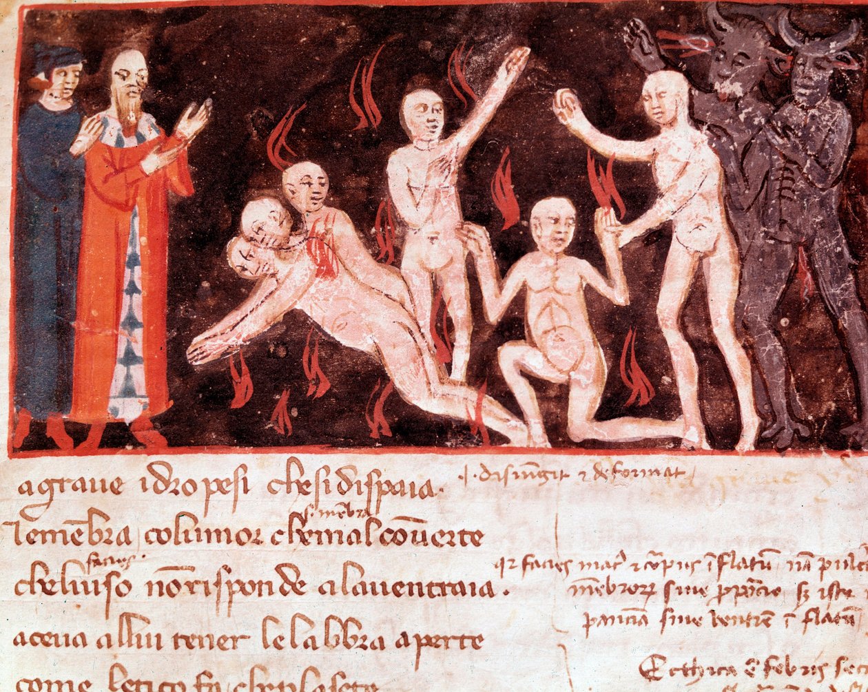 The counterfeiters (song 30 from Hell, in the Divine Comedy) - miniature 14th century by Italian School
