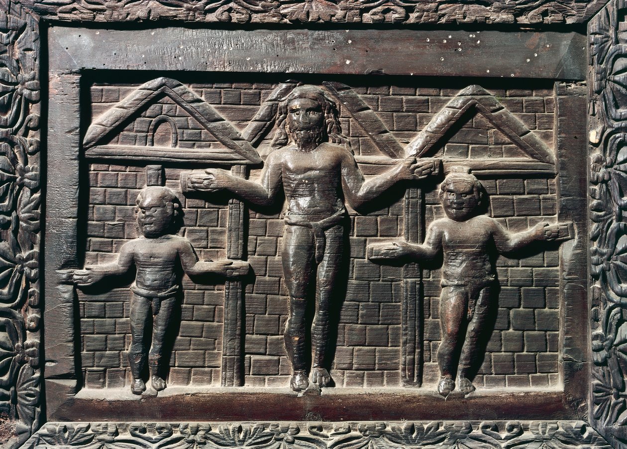 The crucifixion of Christ, tile from main entrance of cypress wood