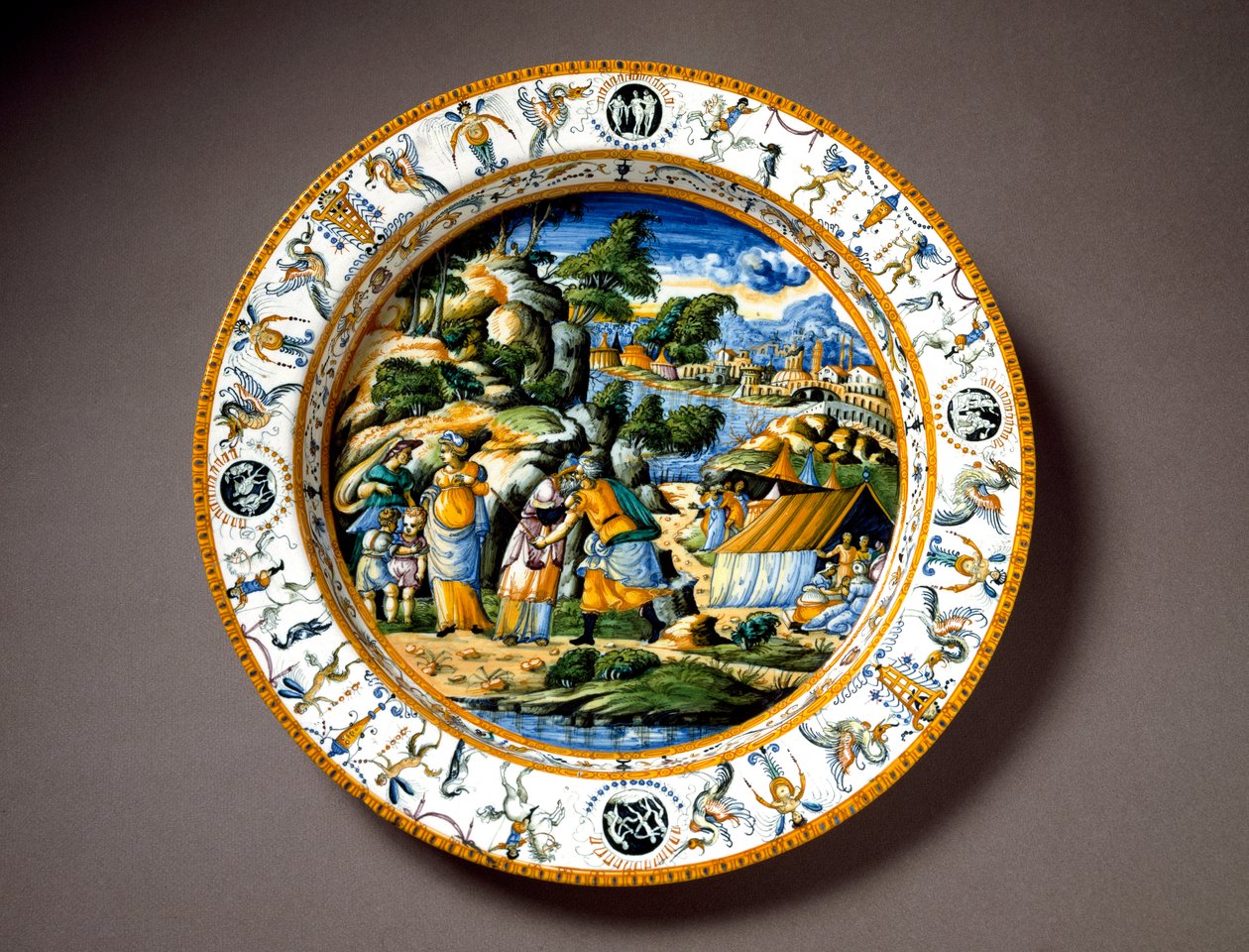 The meeting of Aaron and Moses. Ceramic plate produced in Urbino in the workshop Fontana, Italy. Circa 1550. National Museum of Bargello, Florence, Italy by Italian School
