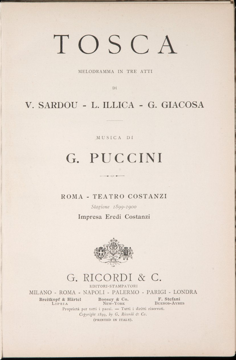 Title Page, Libretto della Tosca, by Giacomo Puccini, Edizione Ricordi, Italy by Italian School
