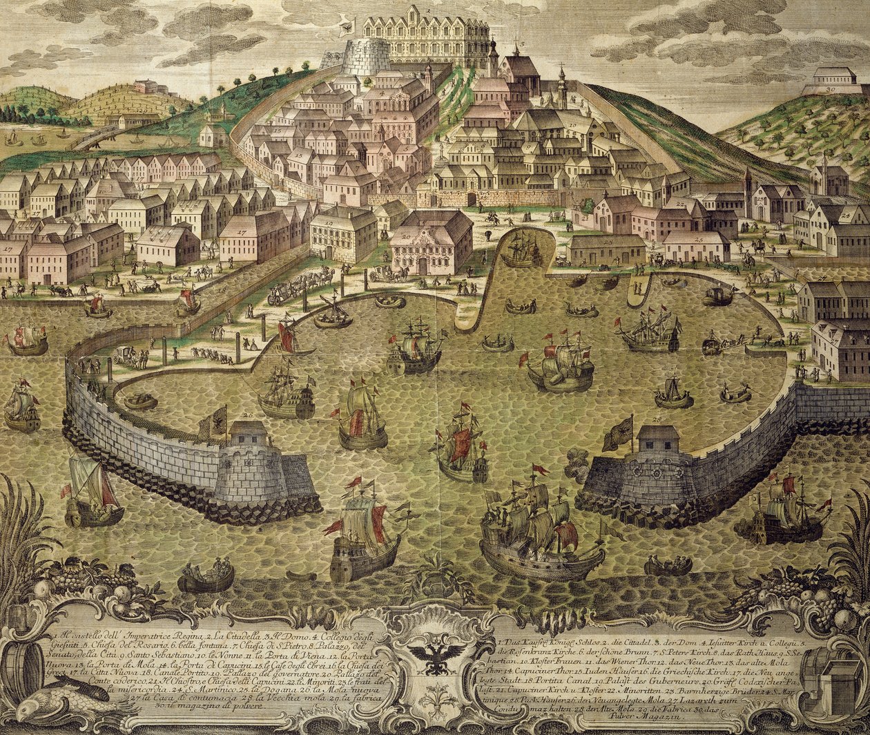 Trieste city and its free port, colored engraving, Italy by Italian School