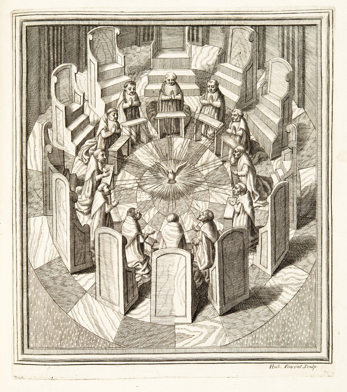 Twelve Judges of the Rota praying in a circular hall surrounding the Holy Spirit, pub. 1717 by Italian School