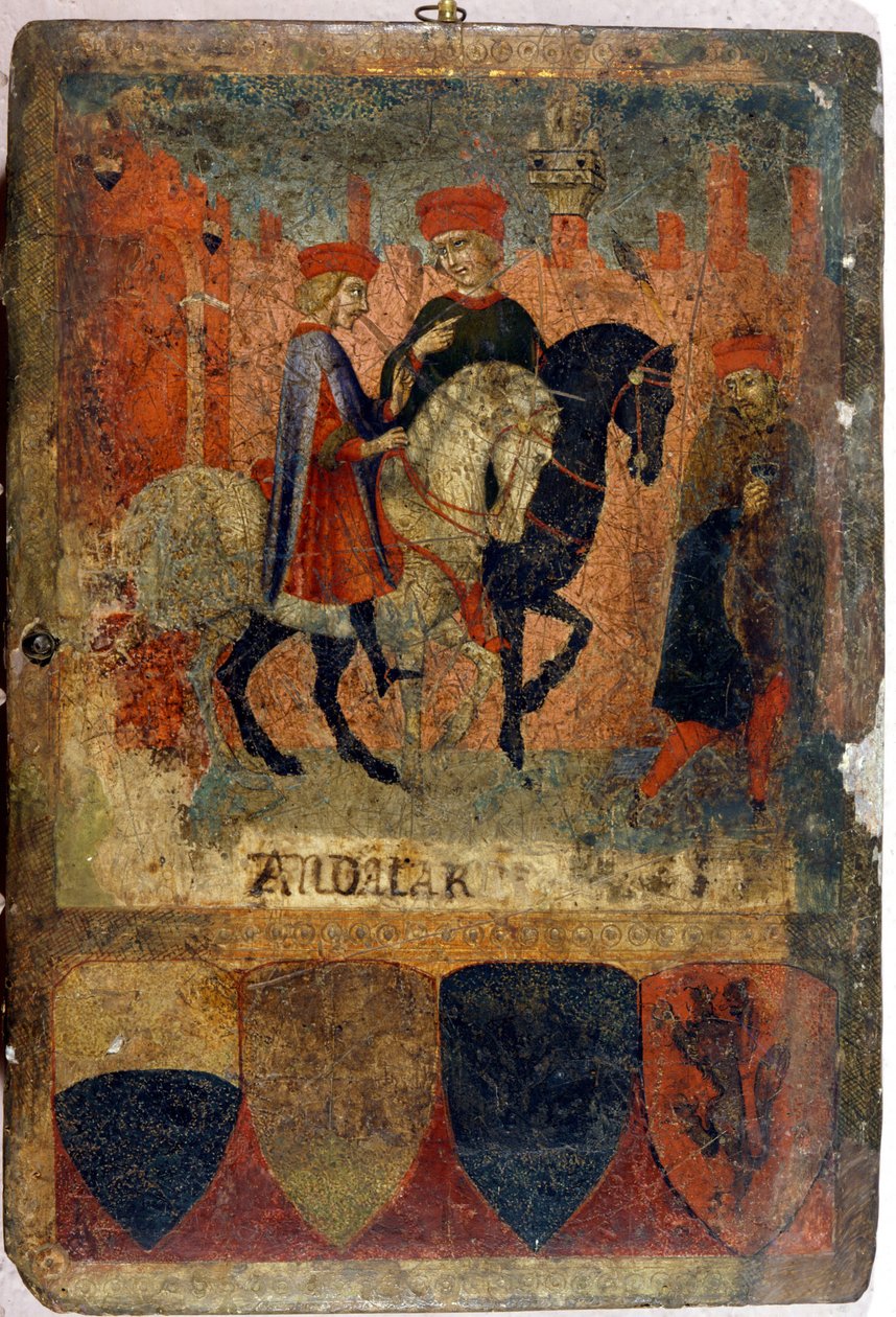 Two tax inspectors. Biccherna (cover of the accounting register of the city of Siena). National Archive - Museo delle Tavolette de Bicherna, Siena. Late 14th - early 15th century. by Italian School
