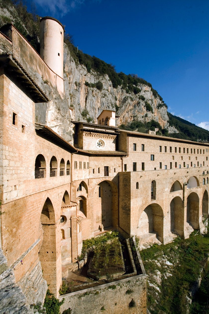 View of the Monastery of St. Benedetto (Sacro Speco) built from the 12th century, Subiaco (Rome), Italy by Italian School