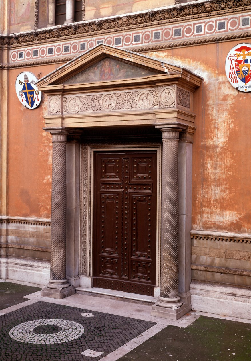 View of the porch with a marble frieze which shows (from left to right) Pastore (the first church owner), Pudenziana, Prassede and their father Pudens, in the middle the mystic lamb by Italian School