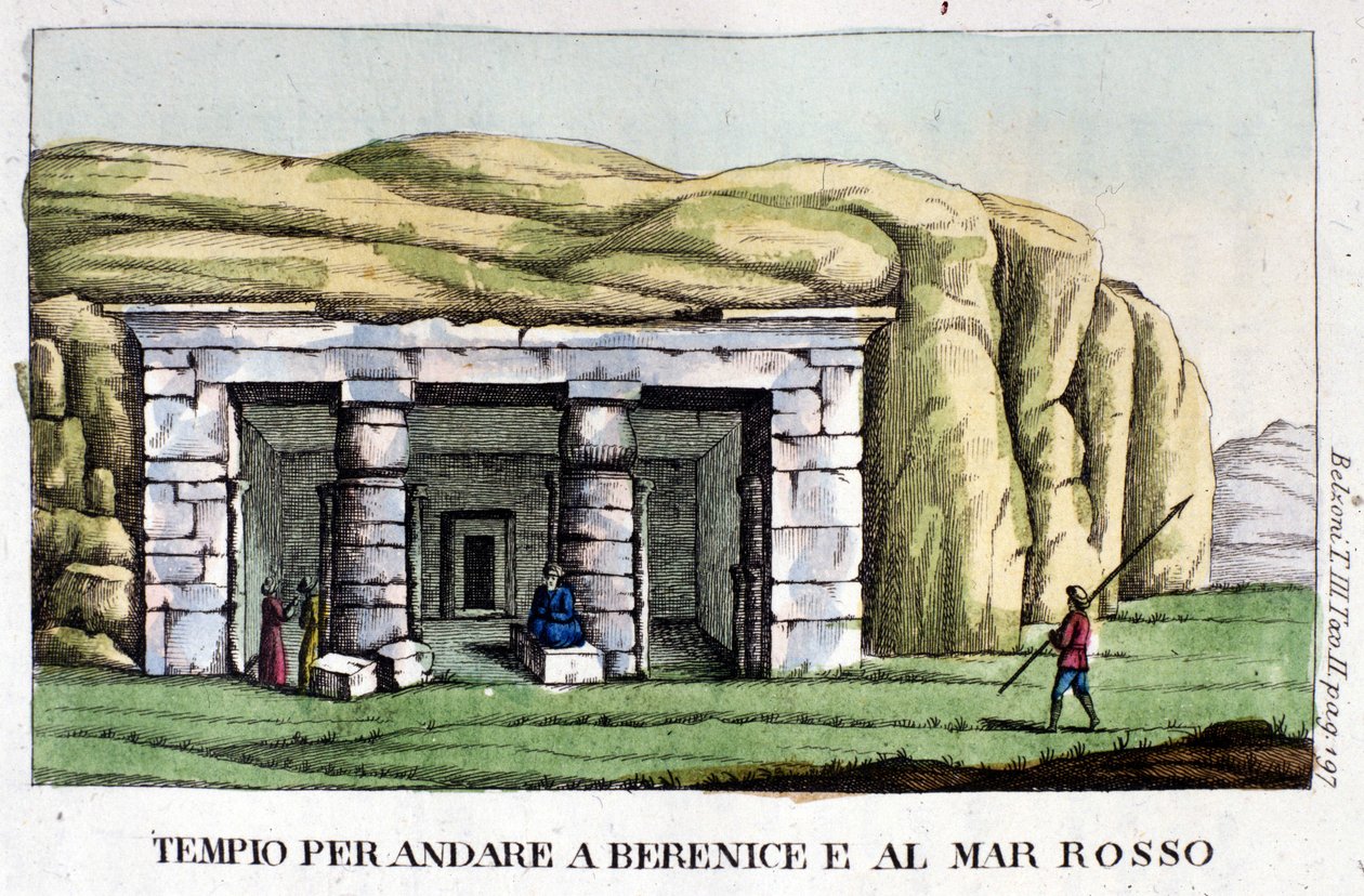 View of the temple lying on the way to Berenice today Benghazi and to the Red Sea. The author, Giovanni Battista Belzoni (1778-1823), is an Italian explorer and archeologist who has made important archeological discoveries in Egypt. Engraving by Italian School