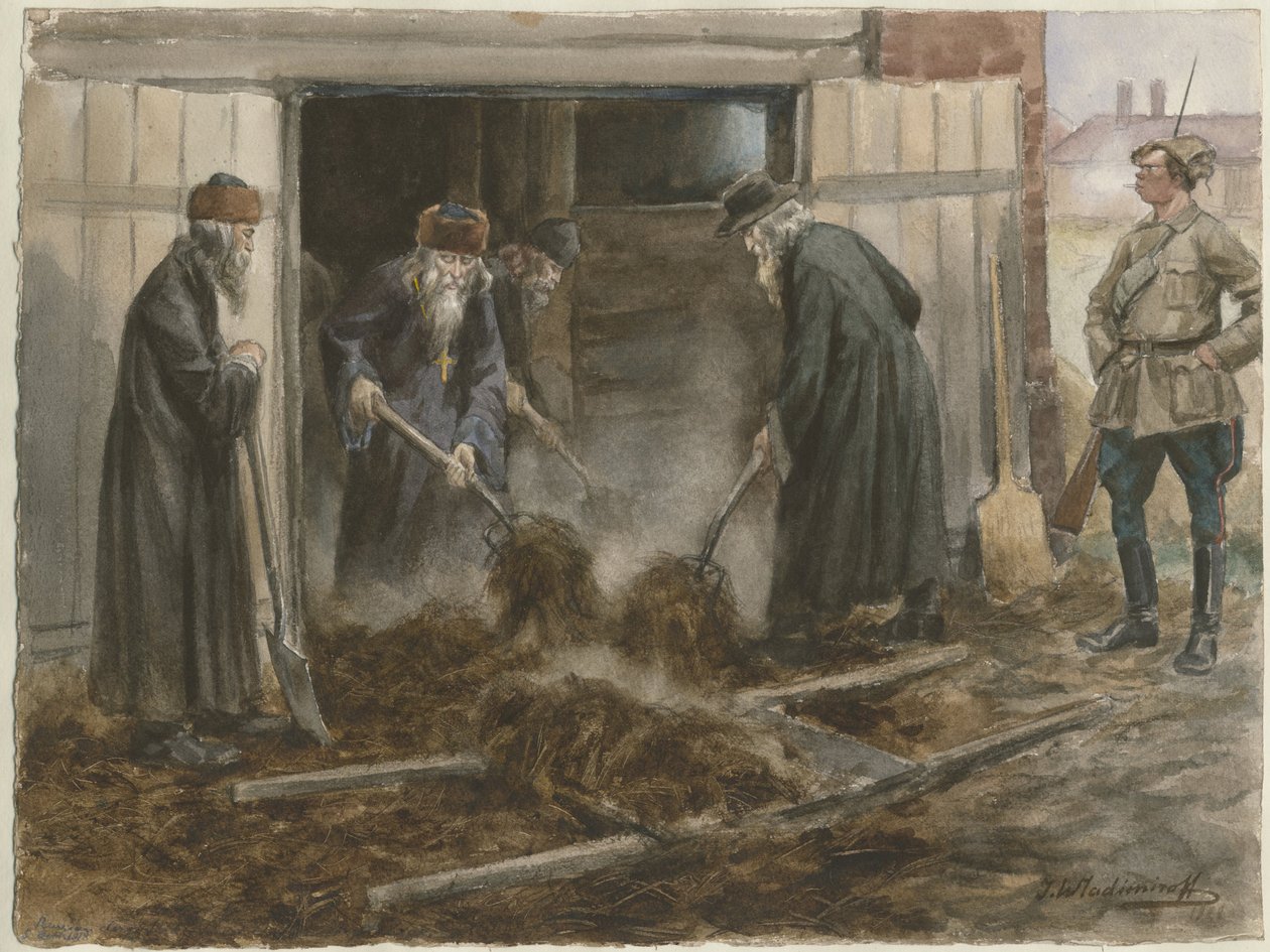 Russian clergy shoveling hay: September 1918 from the series of watercolors Russian revolution by Ivan Alexeyevich Vladimirov