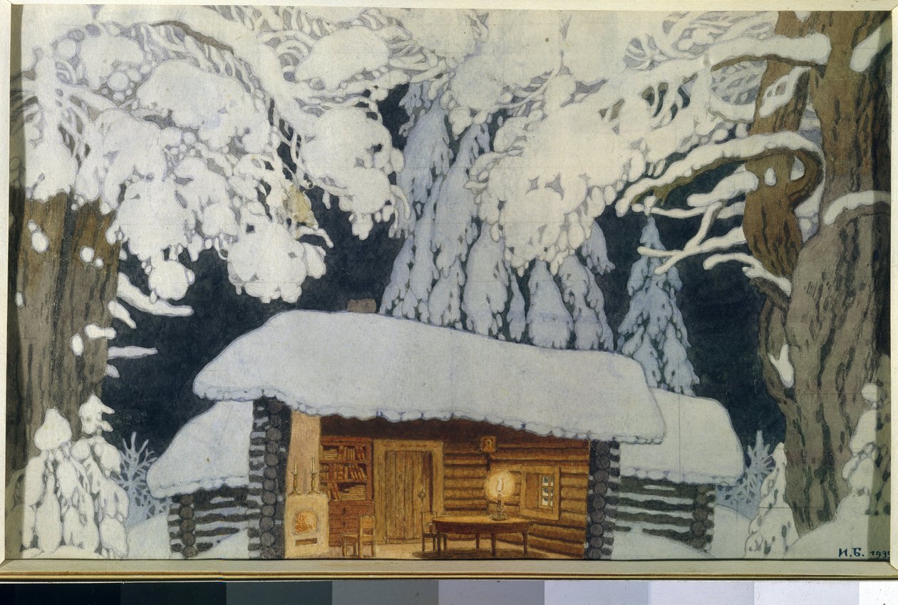 Wooden House in the Snowy Forest. Set Design for the Play 