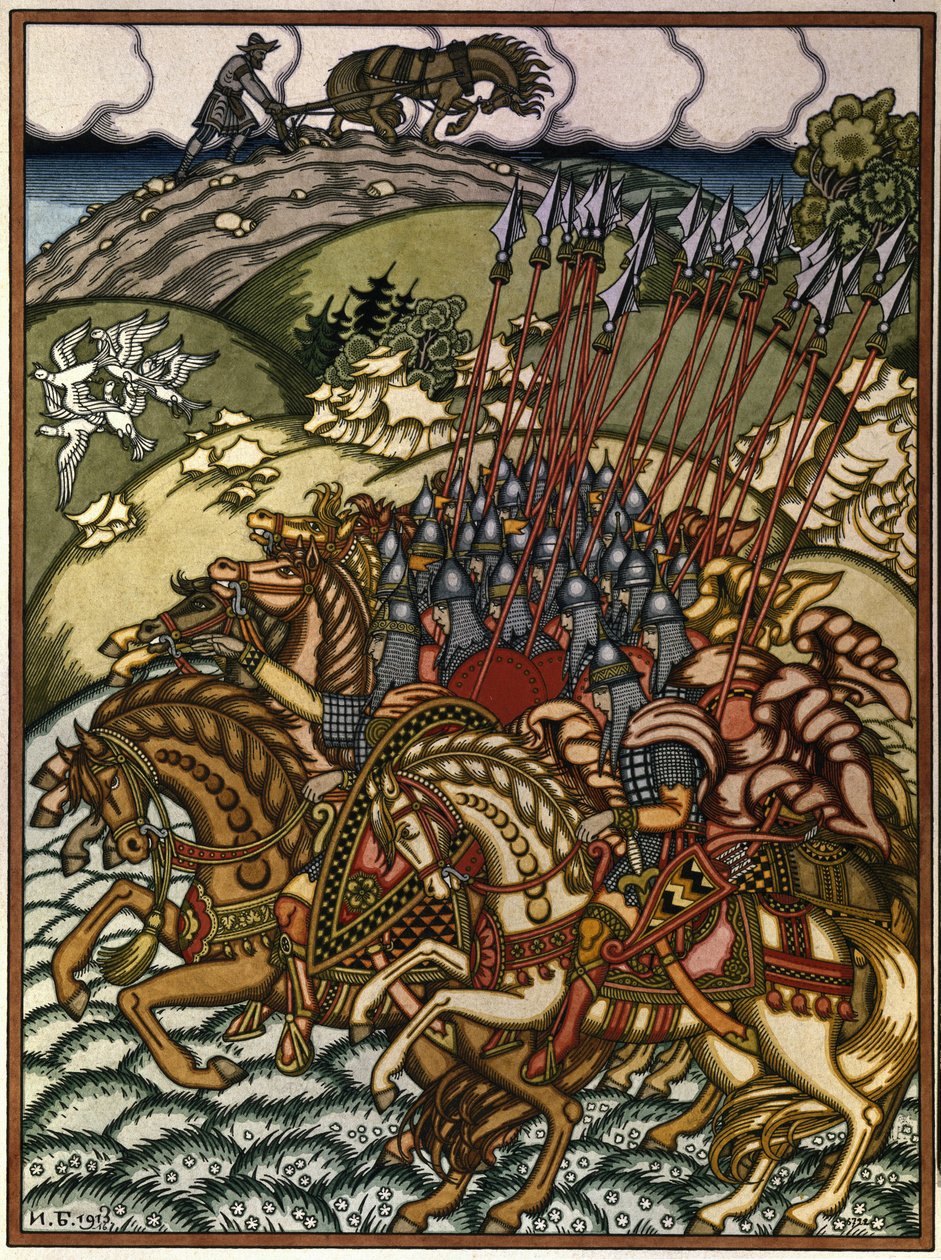 Volga Svyatoslavich and Mikula Selyaninovich by Ivan Yakovlevich Bilibin