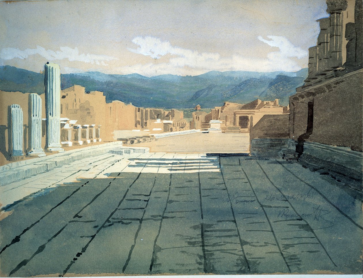 View of the forum ruins in Pompeii, in the Bay of Naples, before Mount Vesuvius. Work by Ivan Nikolayevich Kramskoi by Ivan Nikolaevich Kramskoy