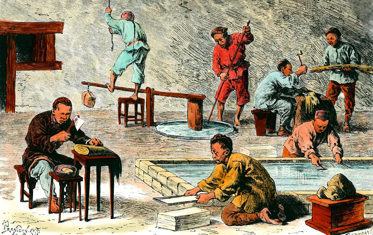 Paper making in China: different stages of production of paper sheets ...