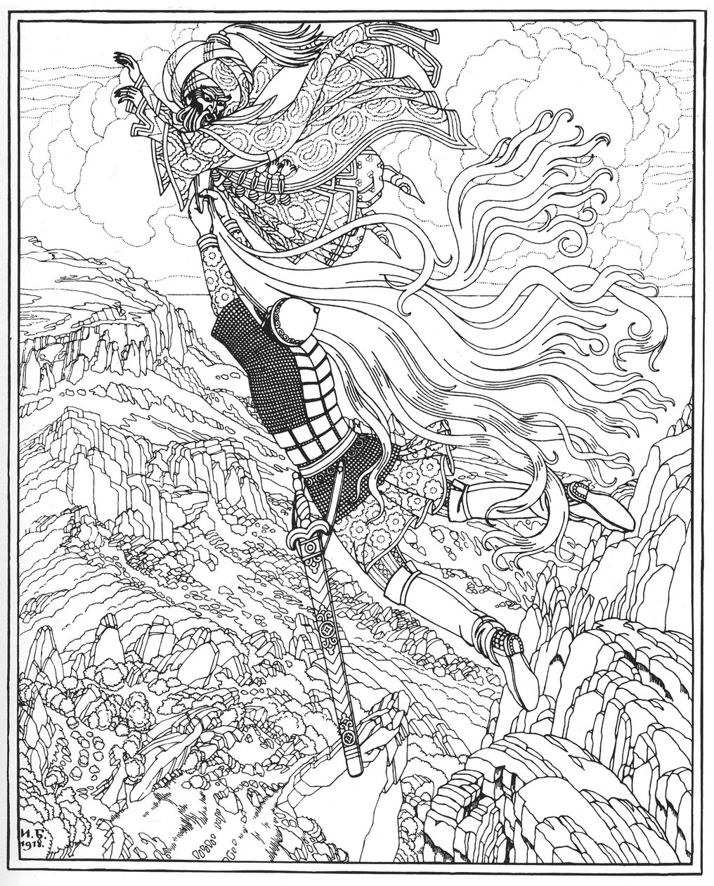 Flight of Chernomor and Ruslan. Illustration to the Poem Ruslan and Lyudmila by A. Pushkin by Ivan Yakovlevich Bilibin