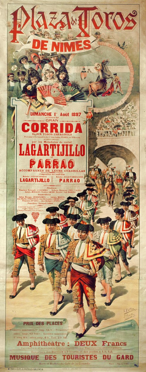 Poster Advertising a Bullfight at the Plaza de Toros, Nimes, 1st August 1897, Engraved by J. Ortega by J. and Pastor, E. Estellor
