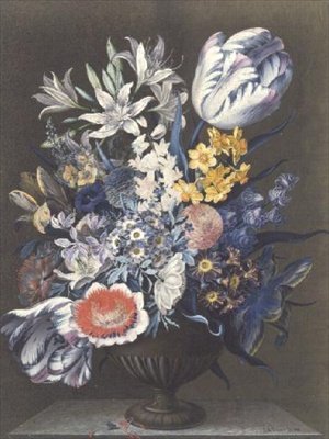 Urn with Flowers on a Marble Table by J.A. Simson