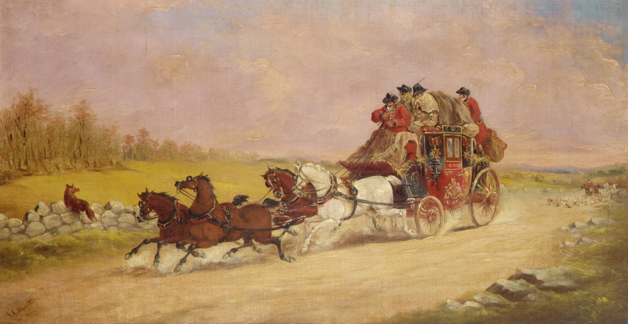 The Royal Mail Coach Between the Fox and the Hunt, 1881 by J.C. Maggs