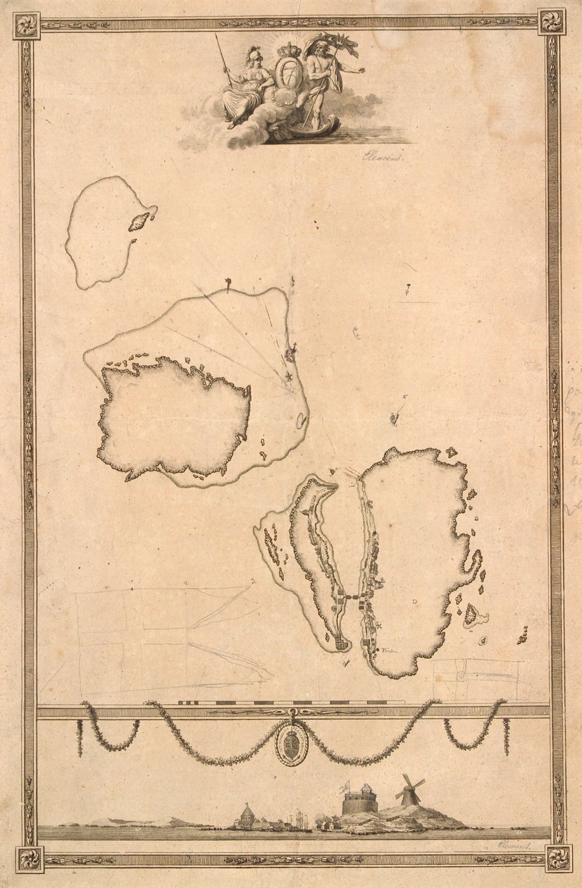 Title Vignette and Prospect for Map of Christiansø by J.F. Clemens
