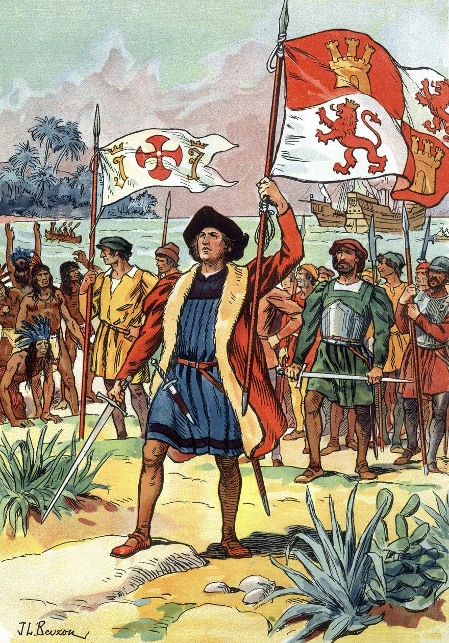 1492: Christopher Columbus arriving in America with spanish flag by J.L Beuzon (fl.1880 1940)