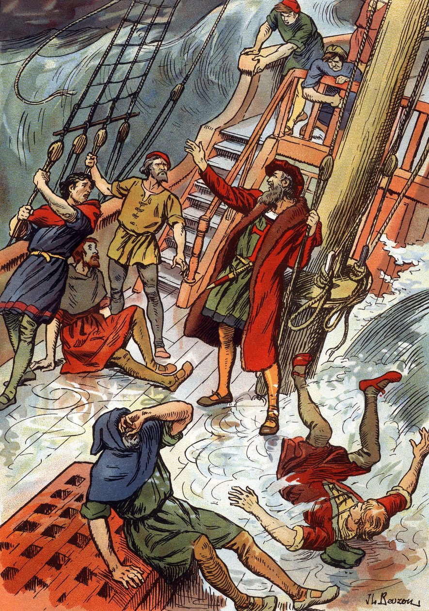 Vasco de Gama here during a storm at Cape of Good Hope in South Africa by J.L Beuzon (fl.1880 1940)