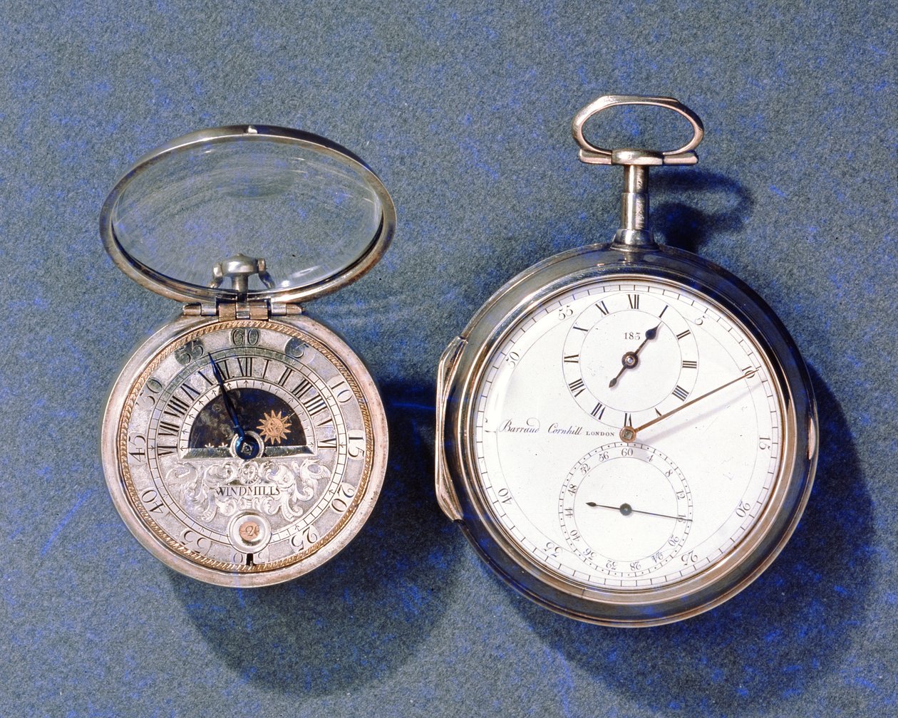 Sun and Moon Dialled Watch, by J.Windmills, c.1700; Pocket Chronometer, by Barraud, London, 1797 by J.Windmills and Barraud 1797