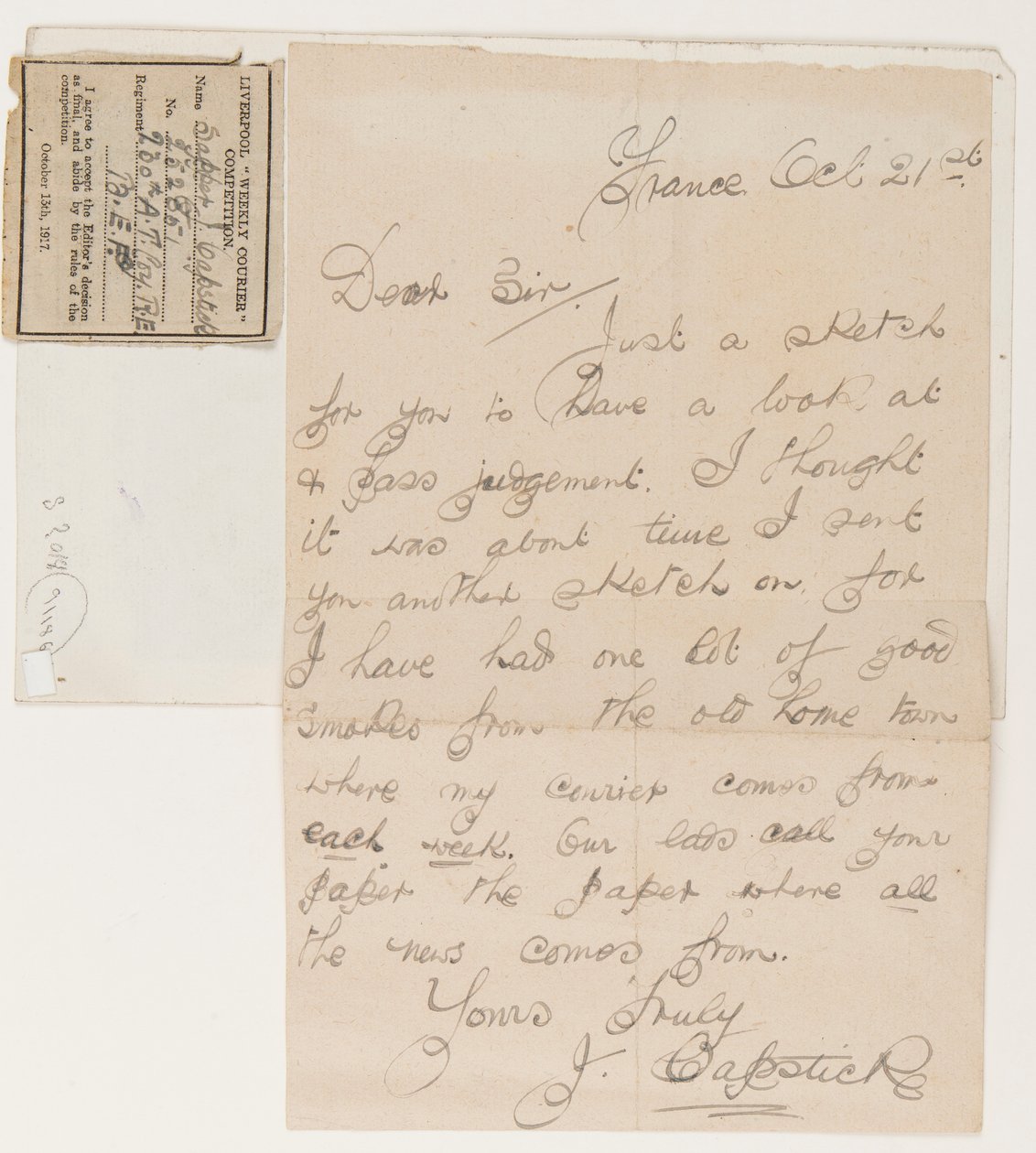 Letter to the Editor of the Liverpool Weekly Courier, 21 October 1917 by J. Capstick